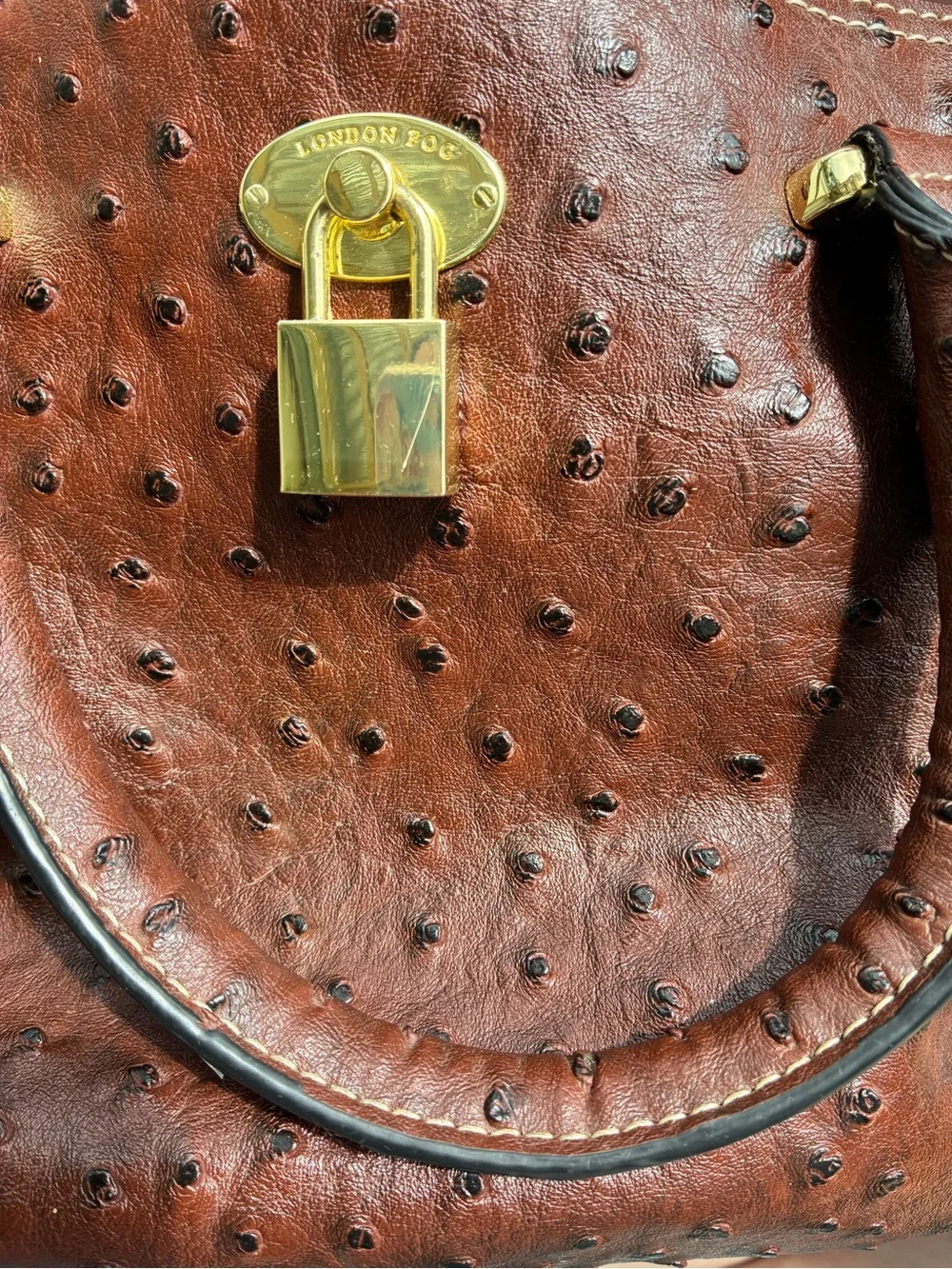 Brown Ostrich-Texture Satchel with Gold Lock Detail